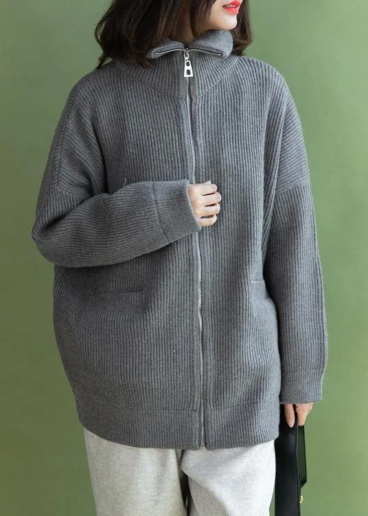 Aesthetic winter knitted coat casual gray zippered