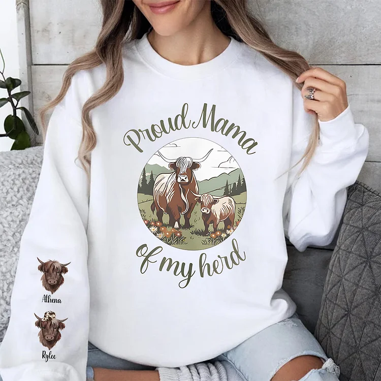 Proud Mama of My Herd Sweatshirt, Highland Cow Mom Sweater, Mother's Day Gift, Gift for Mama,Hoodie with Kid Name on Sleeve