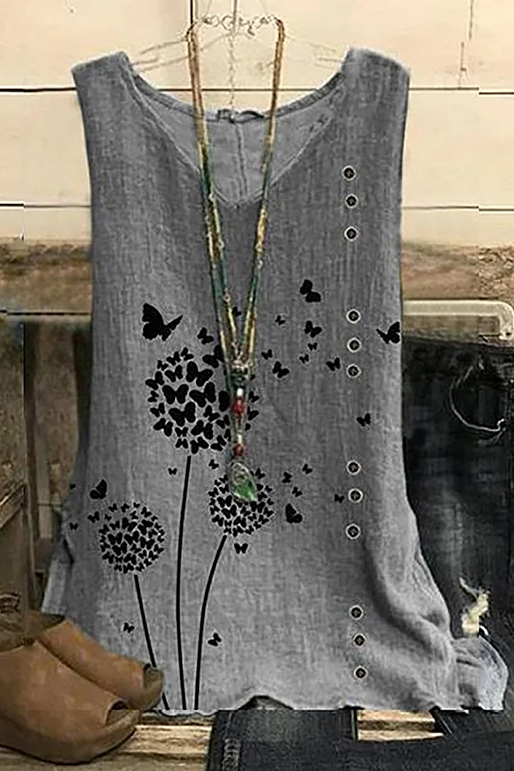 Flycurvy Plus Size Casual Dark Grey Linen Plant Butterfly Print Tank Top  Flycurvy [product_label]