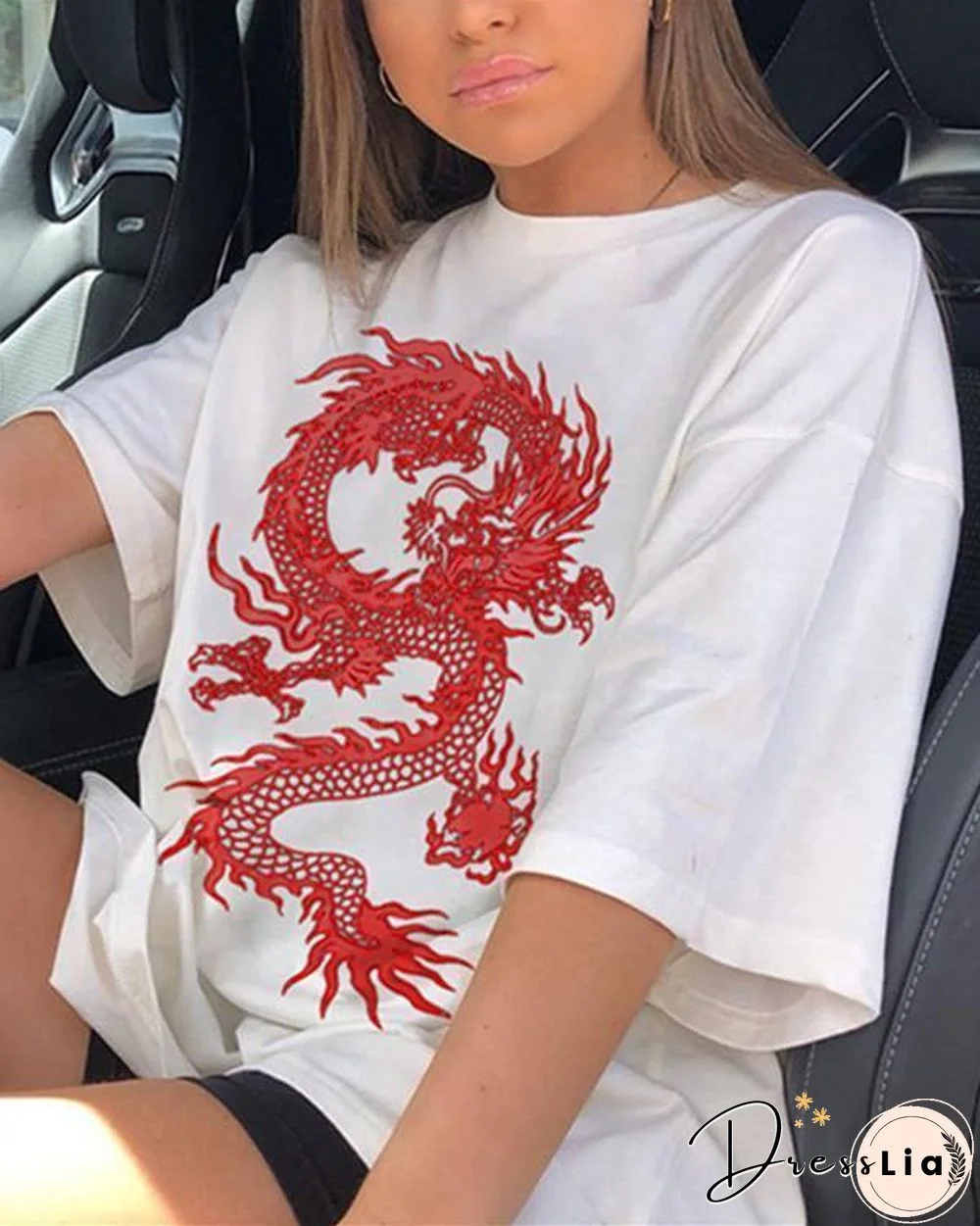 Personalized Dragon Print Loose Mid-length Short Sleeve Top Shirt