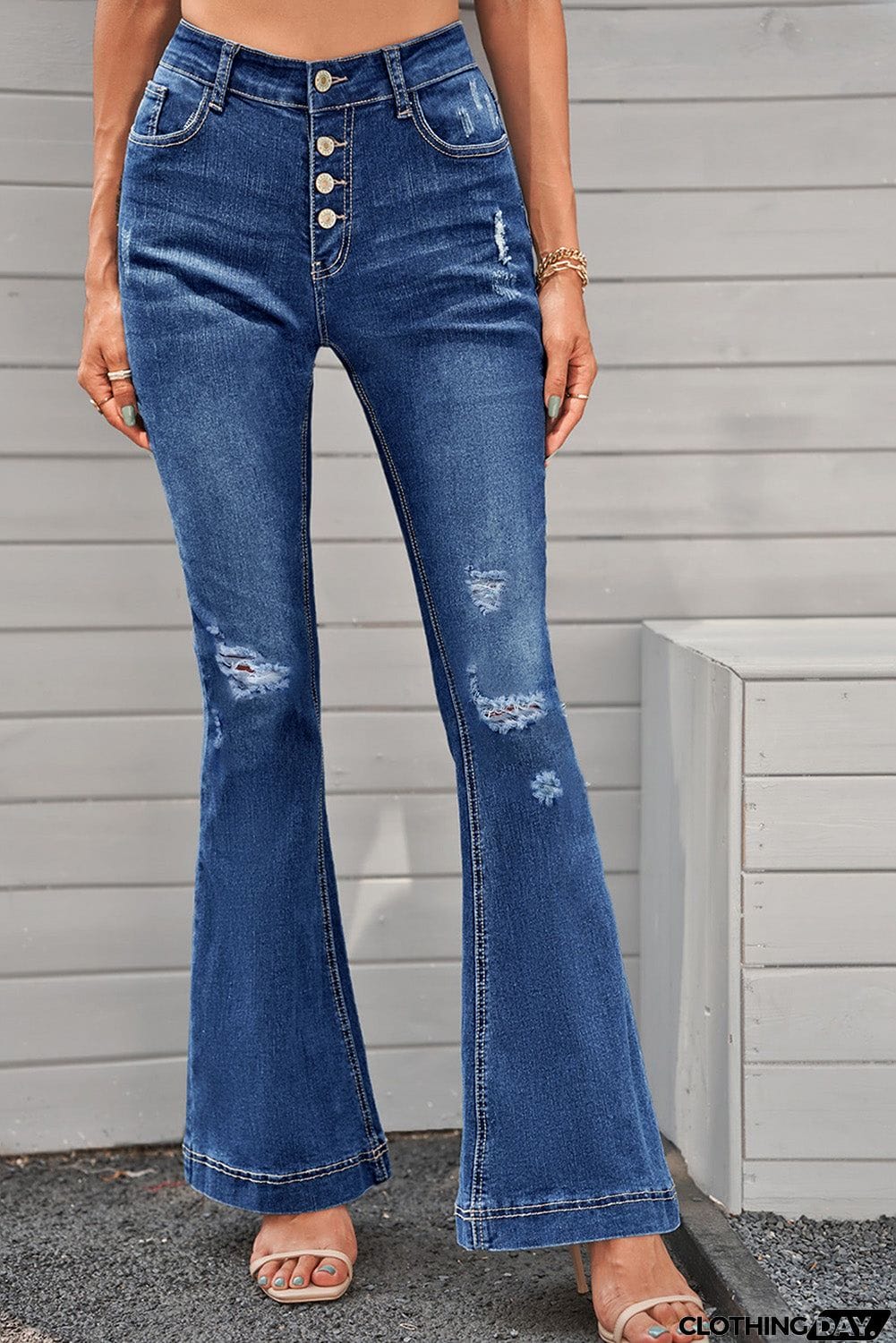 Light Blue Mid Rise Button Front Flare Denim