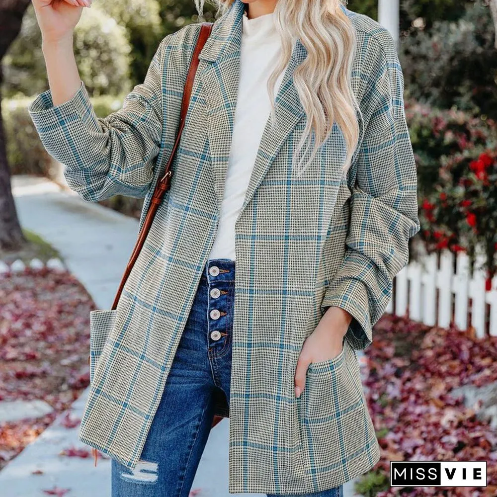 Womens Casual Long Sleeve Striped Blazer Fashion Turn-down Collar Pockets Loose Jacket