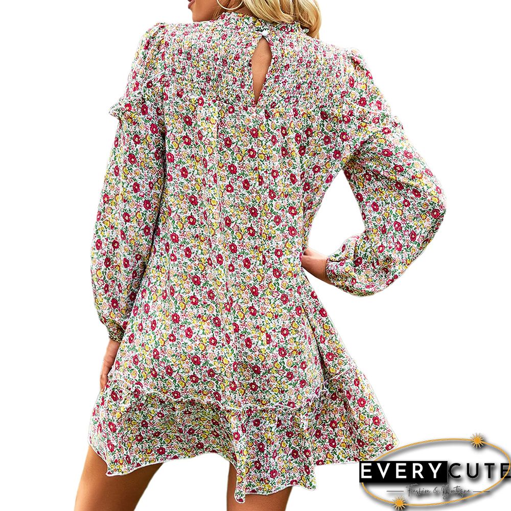 Muliticolor Floral Print Smocked Long Sleeve Dress