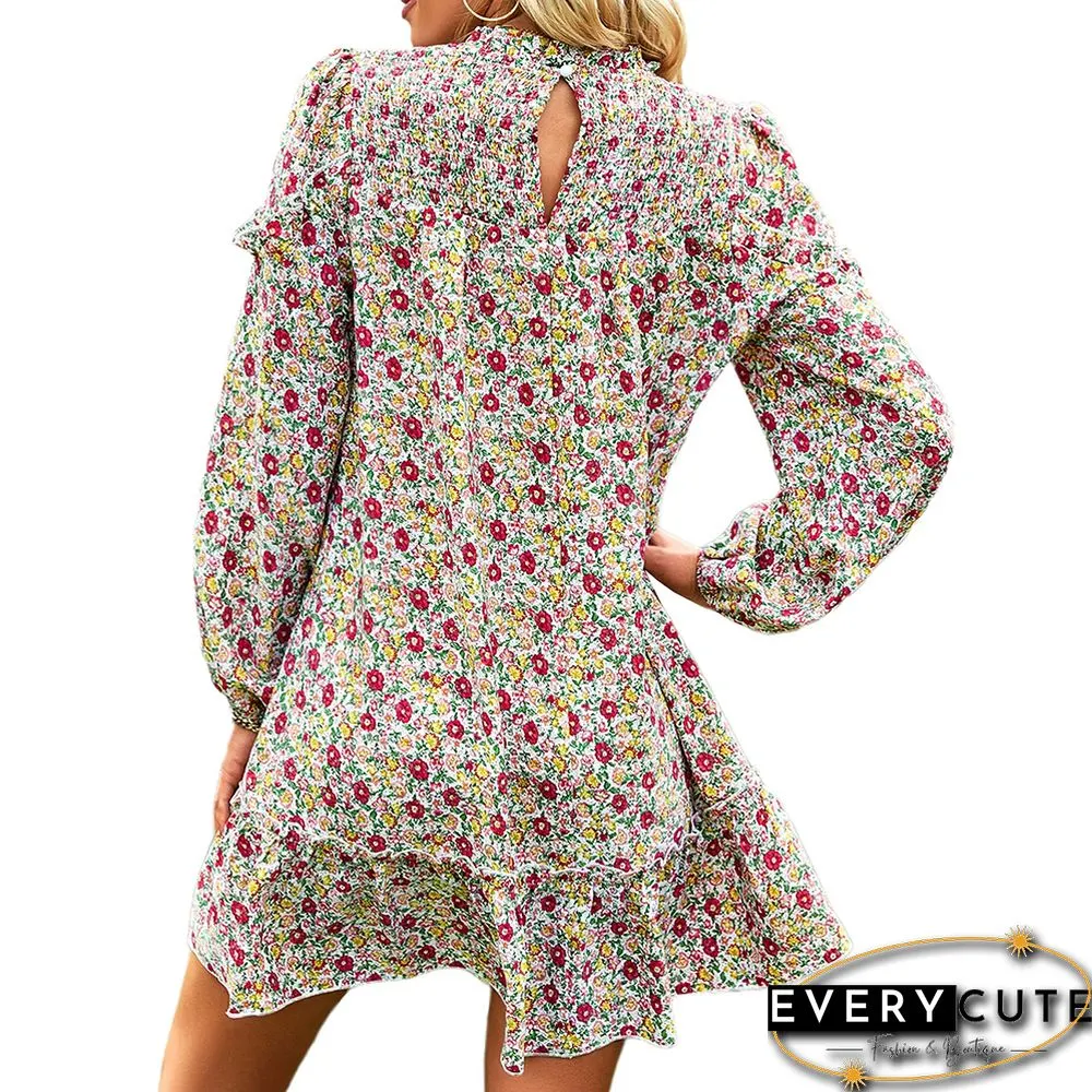 Muliticolor Floral Print Smocked Long Sleeve Dress