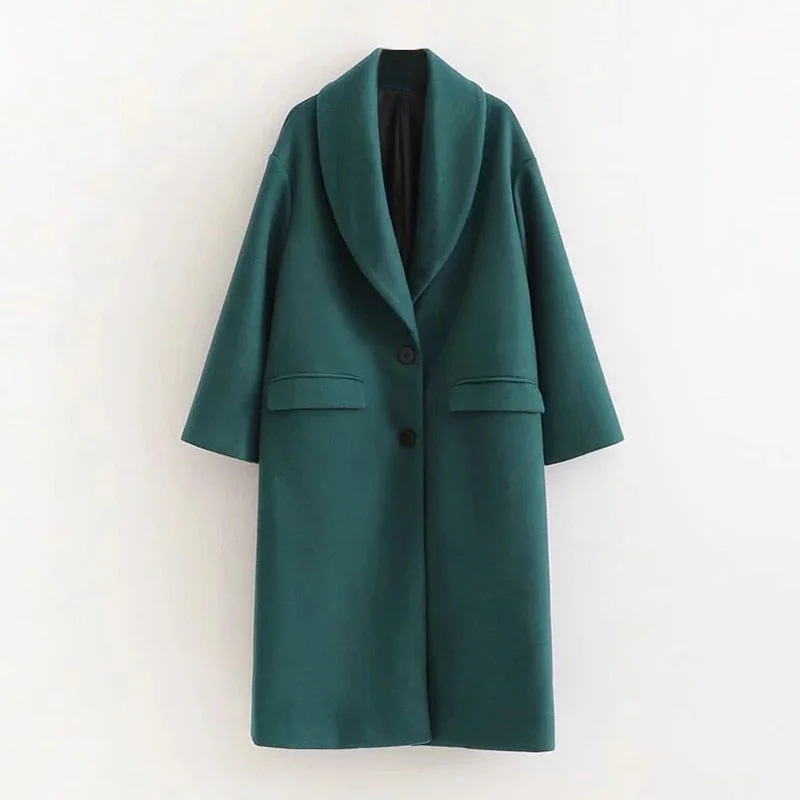 Aachoae Elegant Green Long Woolen Coat Women Vintage Single Breasted Warm Overcoat Winter Long Sleeve Pockets Chic Outerwear