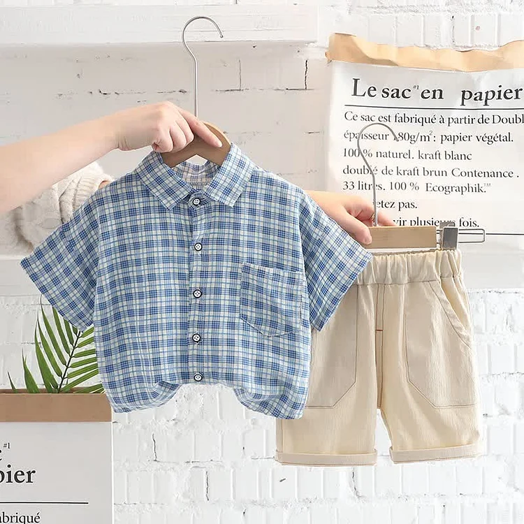 Baby Plaid Polo Collar Shirt and Shorts Set