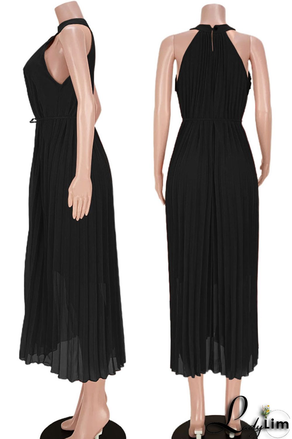 Black Casual Elegant Solid Split Joint Fold O Neck Dresses