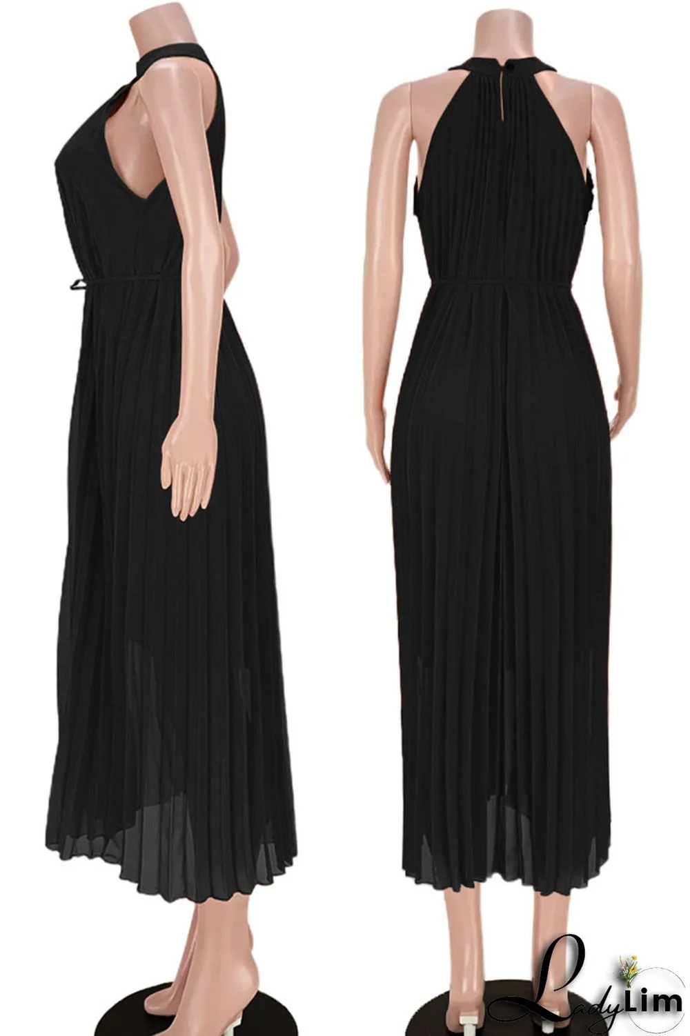 Black Casual Elegant Solid Split Joint Fold O Neck Dresses