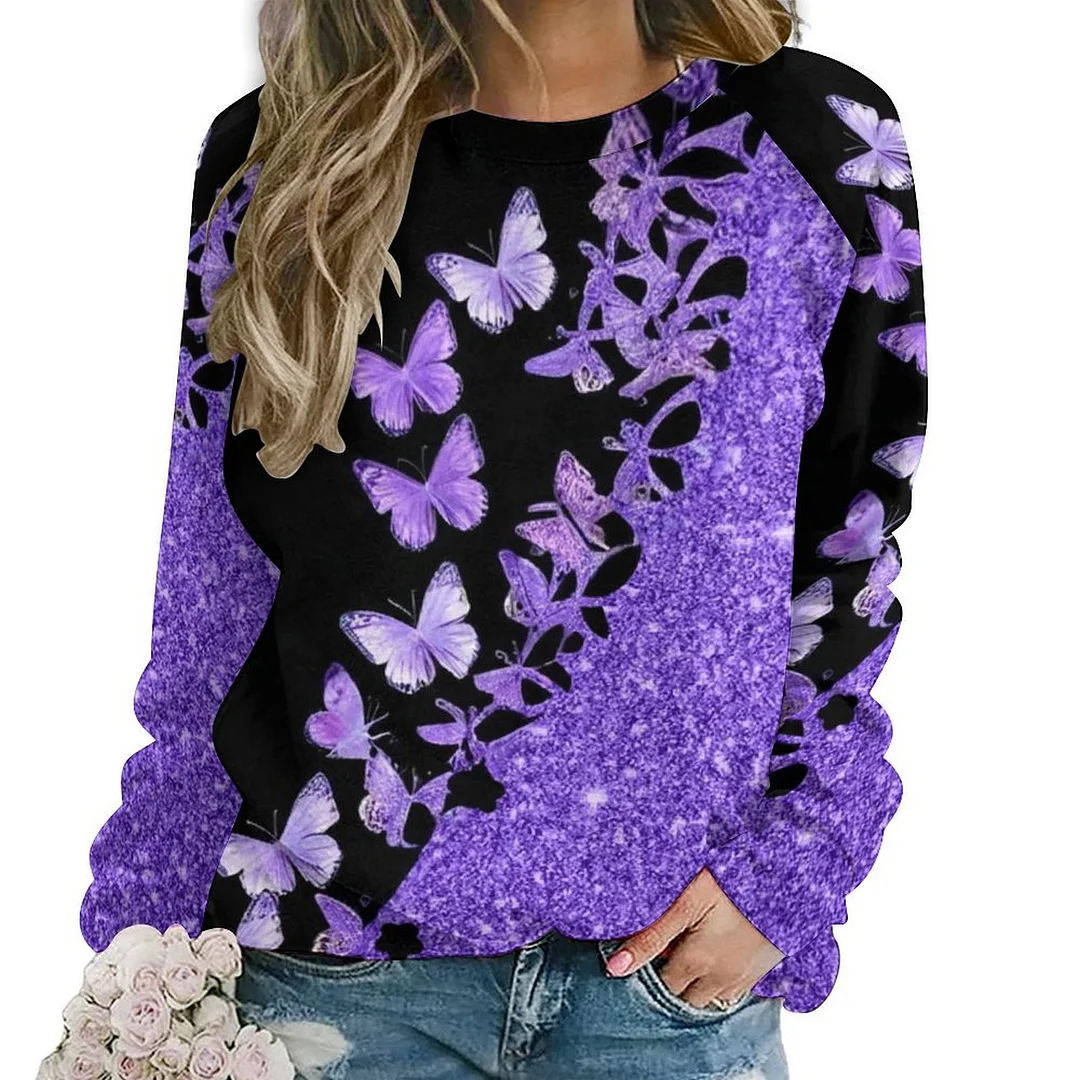 Printed Long Sleeve Casual Sweatshirt for  Women and Men Unisex Pattern Purple, Butterfly, Glitter