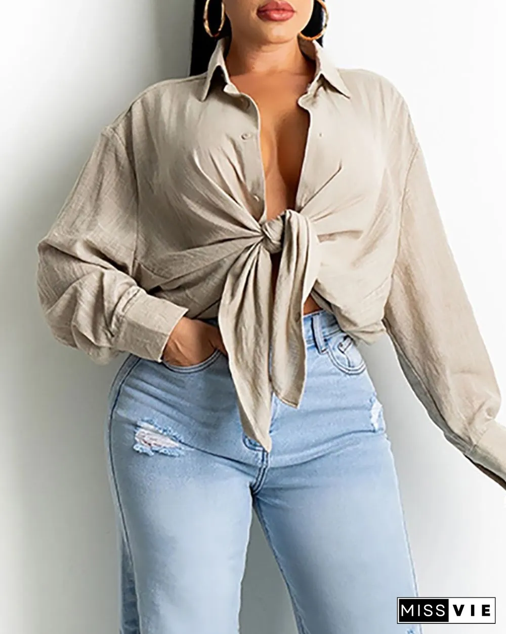 Button Design Lantern Sleeve Shirt
