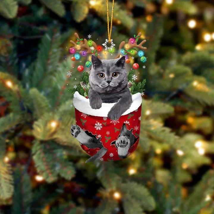 British Grey Cat In Snow Pocket Christmas Ornament.