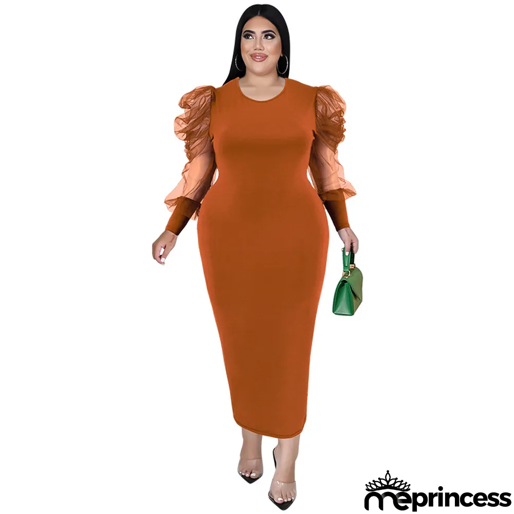 Plus Size Fall Women'S Round Neck Ruched Mesh Long Sleeve Solid Color Long Dress