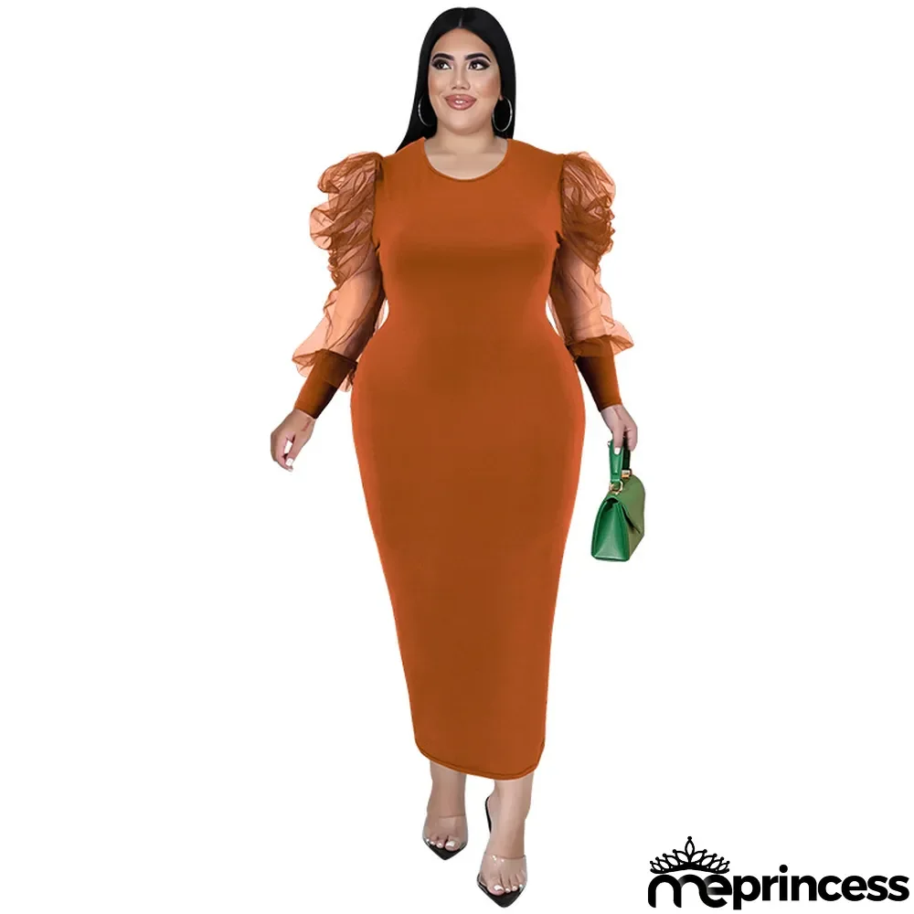 Plus Size Fall Women'S Round Neck Ruched Mesh Long Sleeve Solid Color Long Dress