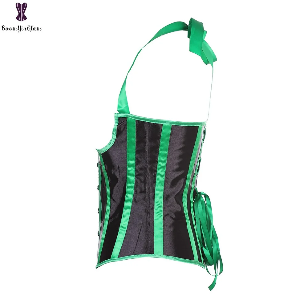 Plus Size Satin Striped Corselet Waist Cincher Shaper Outfit Costumes Halter Neck Underbust Corset Top With G String 2831#