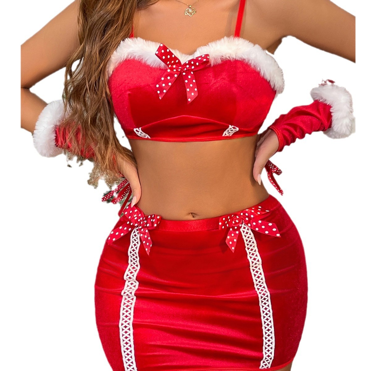 Lovingerie - Christmas Thanksgiving Velvet Tube Top with Bowknot Erotic Lingerie Four-Piece Set