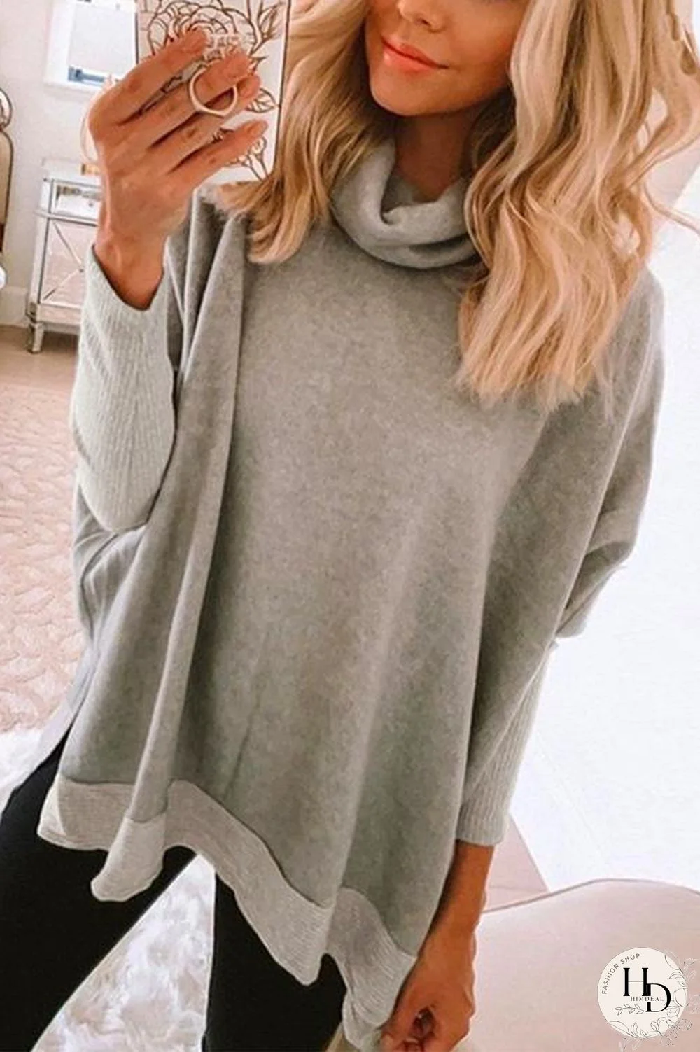 Cowl Neck Color Block Side Split Sweatshirt