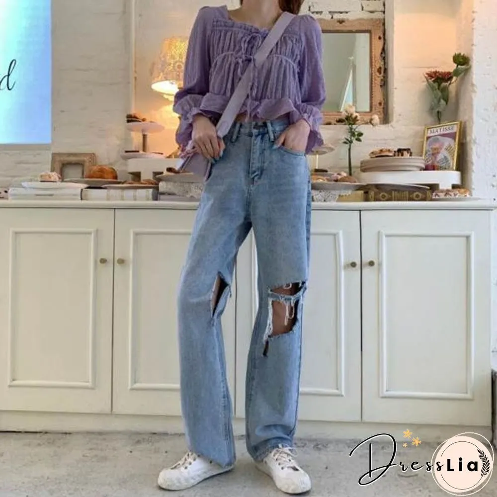 Ripped High Waist Jeans-Wide Leg, Distressed denim, streetwear style