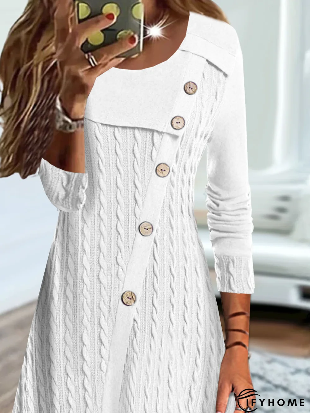 Casual Plain Texture Crew Neck Stitched Buttons Jersey Dress | IFYHOME