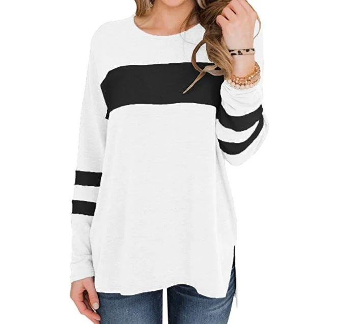 Women's Color Matching Long-sleeved Round Neck T-shirt