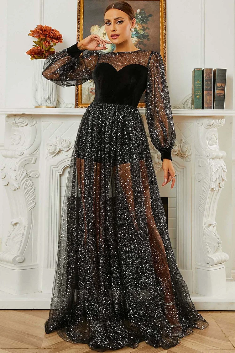 Mesh Sequin See-Through Puff Sleeve Velvet Maxi Dress-Black