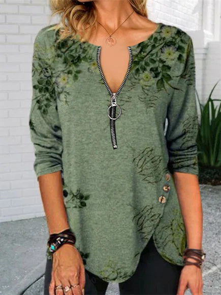 Women Long Sleeve V-neck Graphic Floral Printed Top