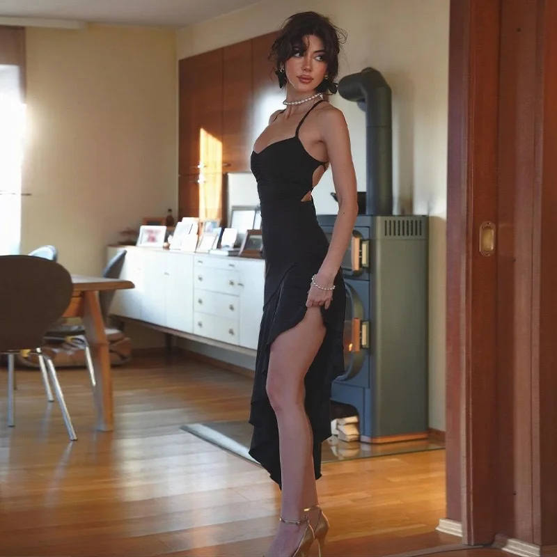 Uveng Uveng Summer New Temperament Hanging Neck Back Tie Slim Empty Lotus Leaf Skirt Dress Female