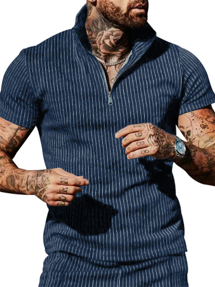 Men's Casual Striped Print Slim Short-sleeved Zipper Lapel Short-sleeved Zipper Thin Section Polo Shirt Basic Mass T-shirt