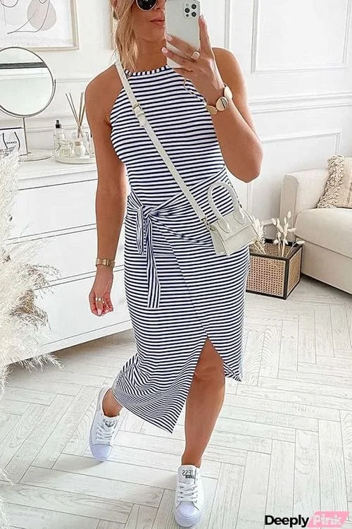 Striped Wrap Tie Asymmetric Halter Midi Dress