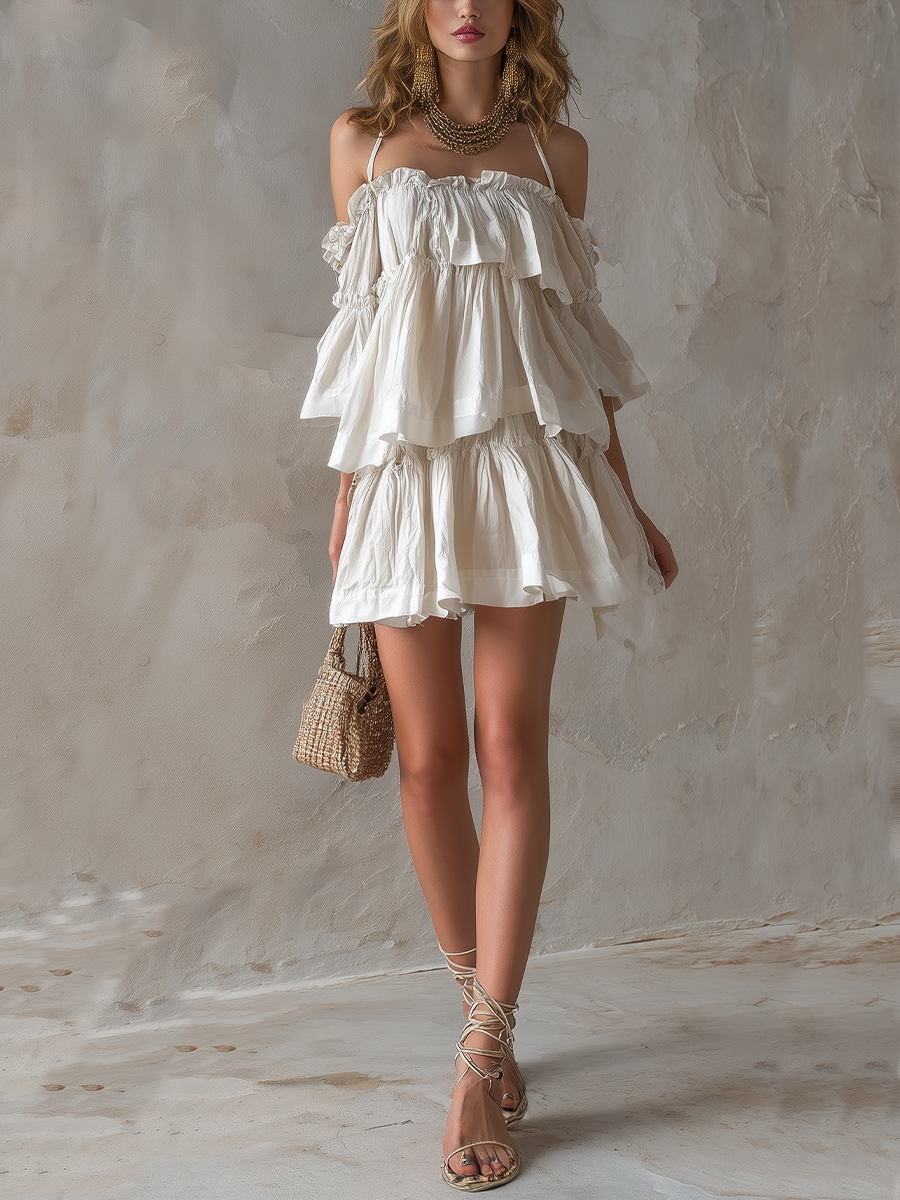 Romantic Layered Ruffle Off Shoulder Mini Dress