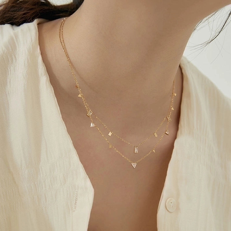IG Style Minimalist Triangle Water Droplets Rectangle Titanium Steel Zircon Plating Inlay Necklace