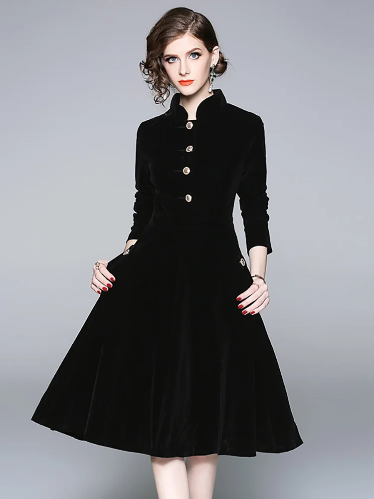 Cartoonh Black Woman Velvet Dress Winter Stand Collar Ladies A-Line Thick Dresses Slim Knee Dress Women Office Lady Outer Dresses