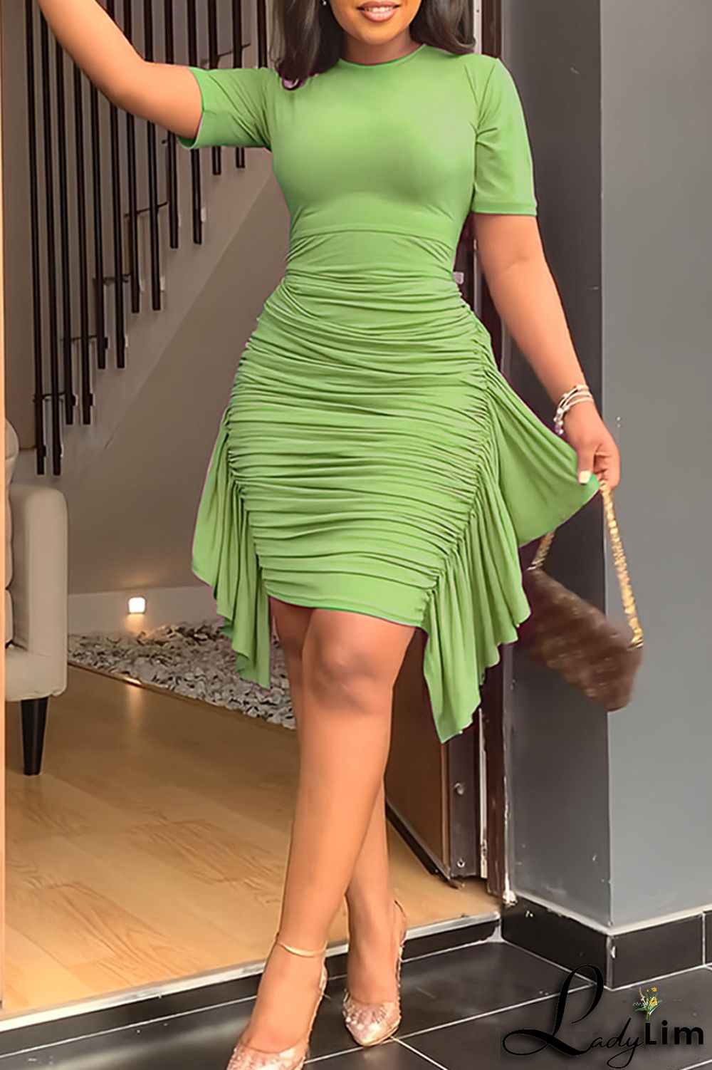 Pink Fashion Casual Solid Patchwork Fold O Neck Short Sleeve Dress