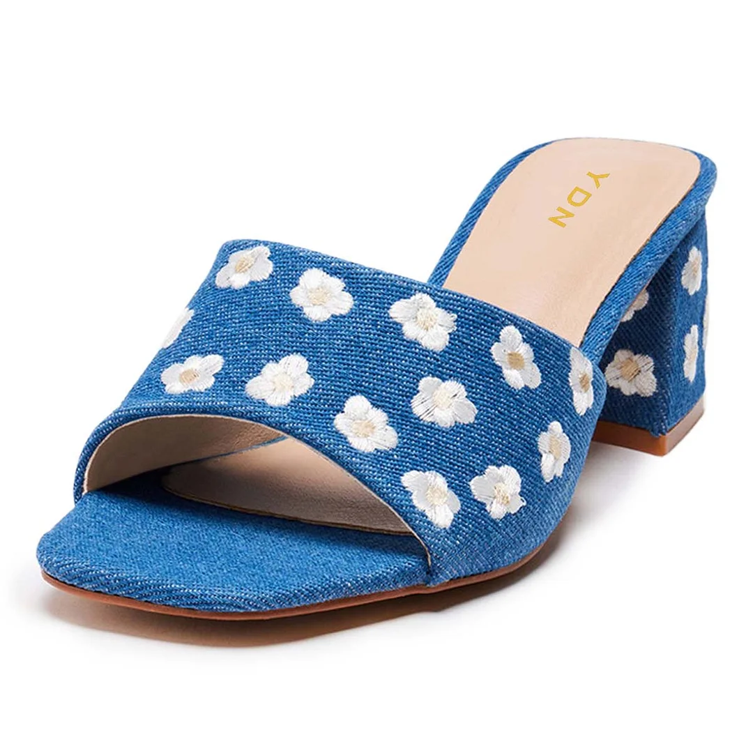 Blue Open-Toe Block Heel Slide Shoes with Flower Embroidery