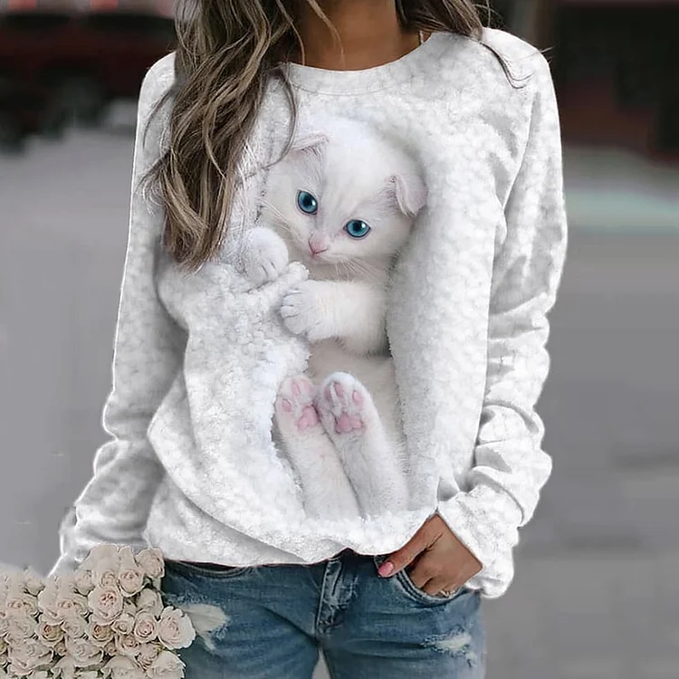 VChics Cat Print Round Neck Casual Sweatshirt