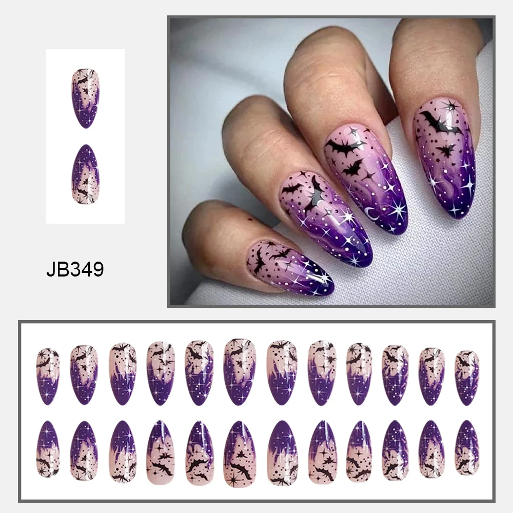 Churchf Churchf Almond Nail Purple Magic Bat Flame Halloween Element Fake Nail Products Wear Nail Holiday Nail
