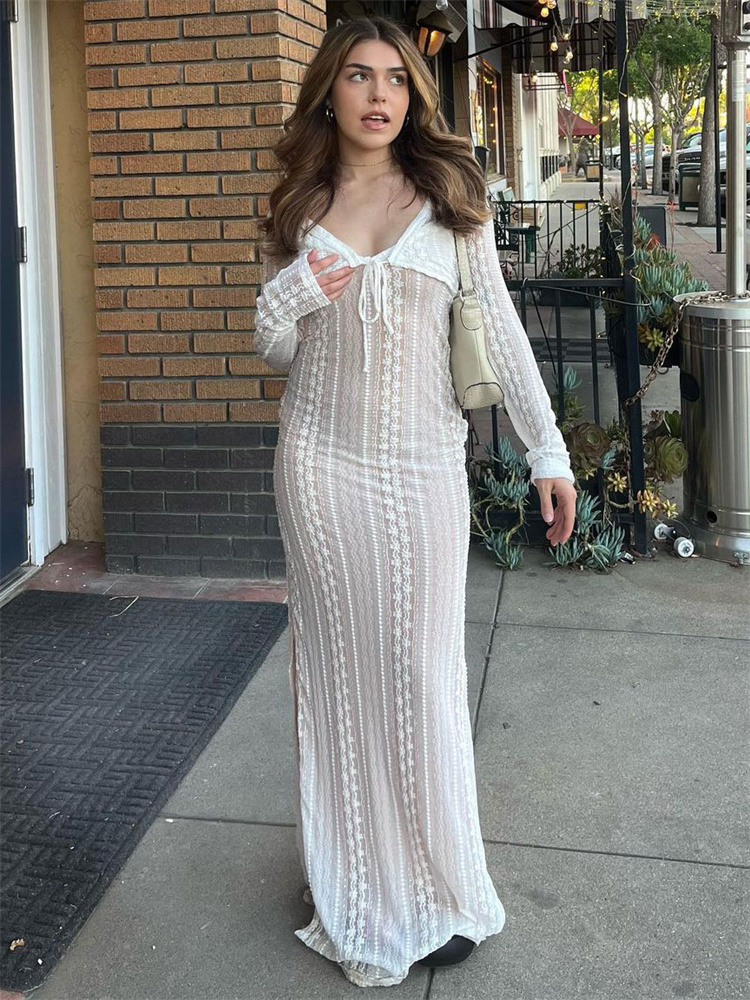 Ootddress Female Elegant Hollow Out Maxi Dress V-Neck Long Sleeve Split Party Dress Evening Tiered Fashion Summer Halter Dress 2025
