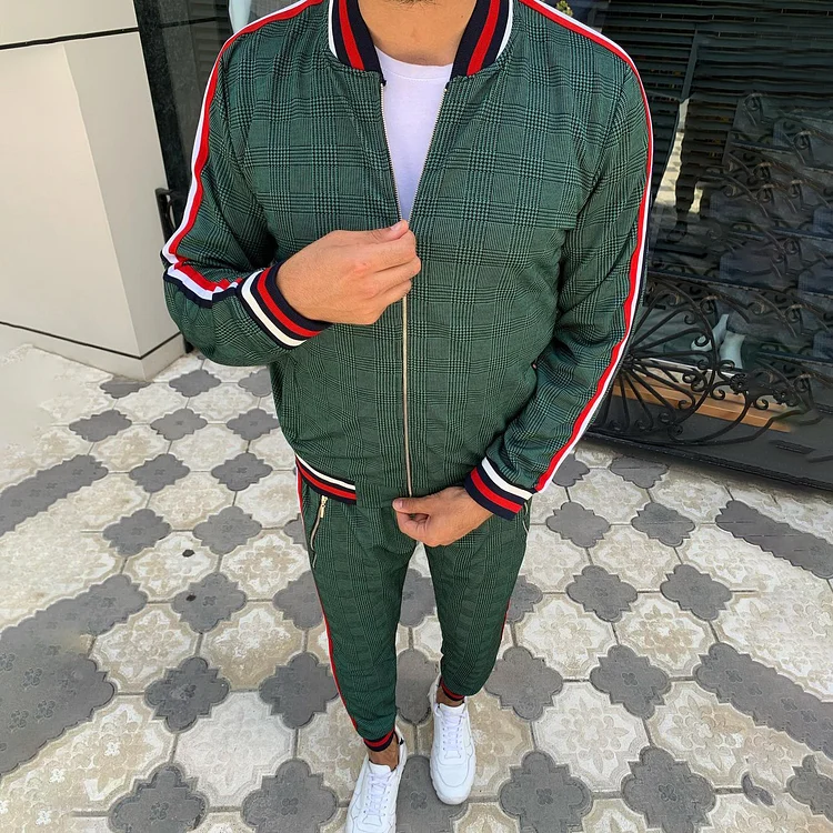 Utbros Casual Green Plaid Printed Jacket And Pants Co-Ord