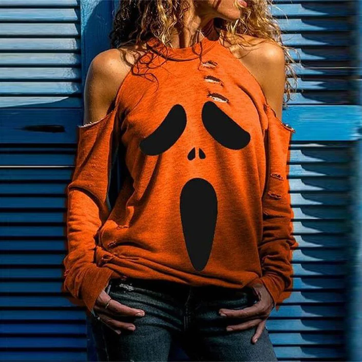 Sexy Off-the-shoulder Skull Face Print Halloween T-shirt
