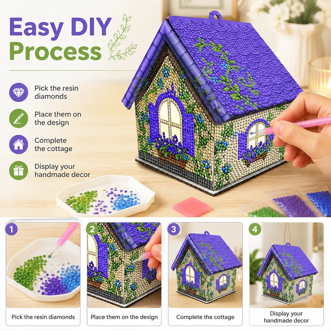 DIY Wooden House Diamond Art Painting Kit for Adults Home (Lavender)