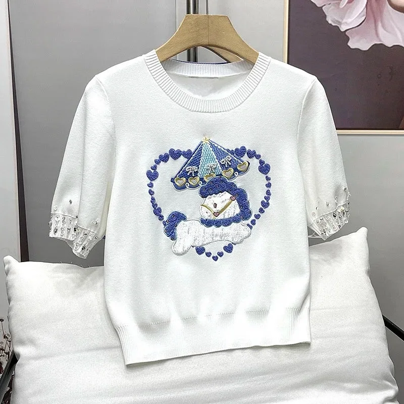 Huiketi New Beading Embroidery Puff Sleeve Sweater Fashion Women Knitted Pullover Slim Fit Short Knitwear Y2K Casual Jumpers