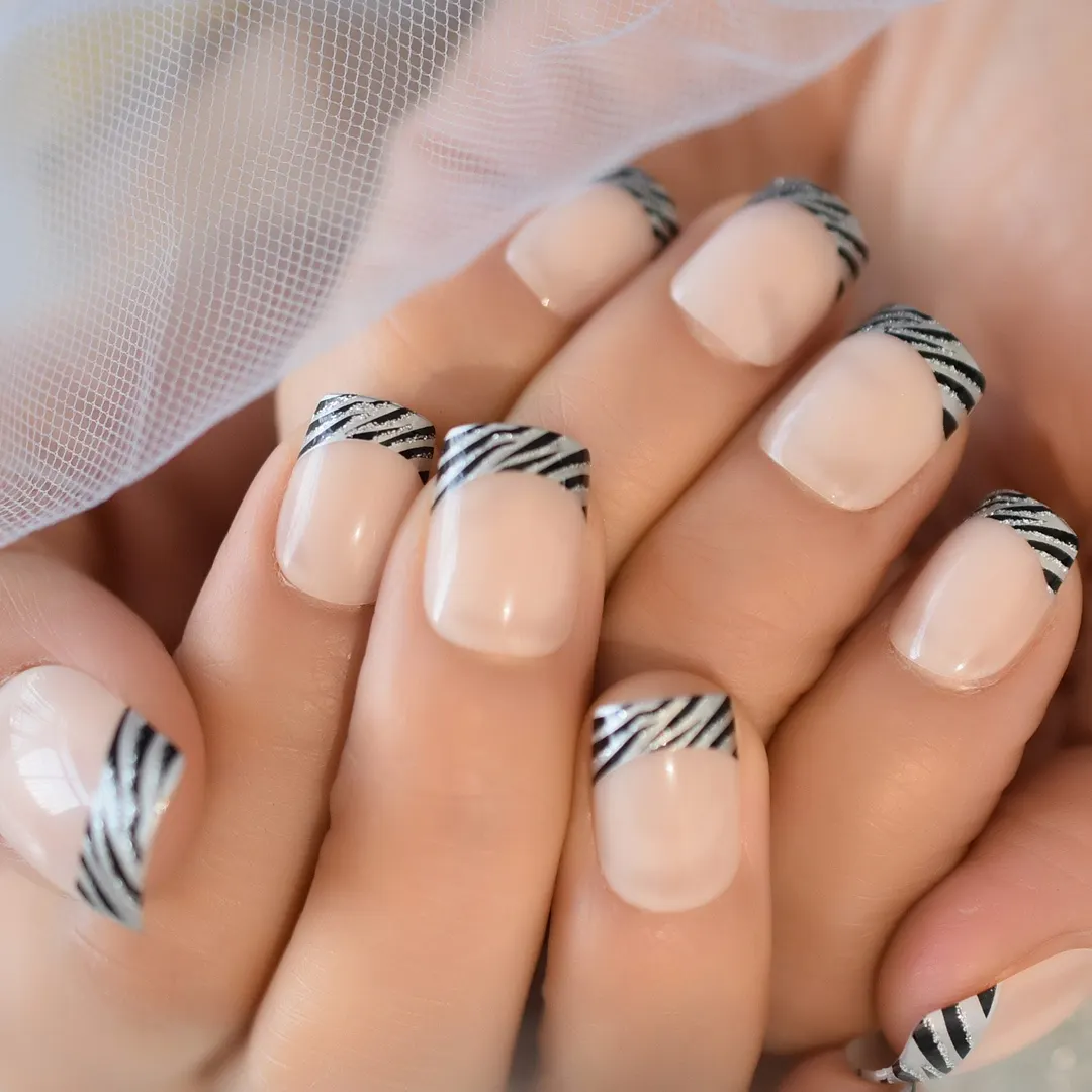 Pink Nude White French Fake Nails Squoval Square UV Gel False Press on Nails for Girl Full Cover Wear Finger Nail Art Tips 1123-Nail Inspo
