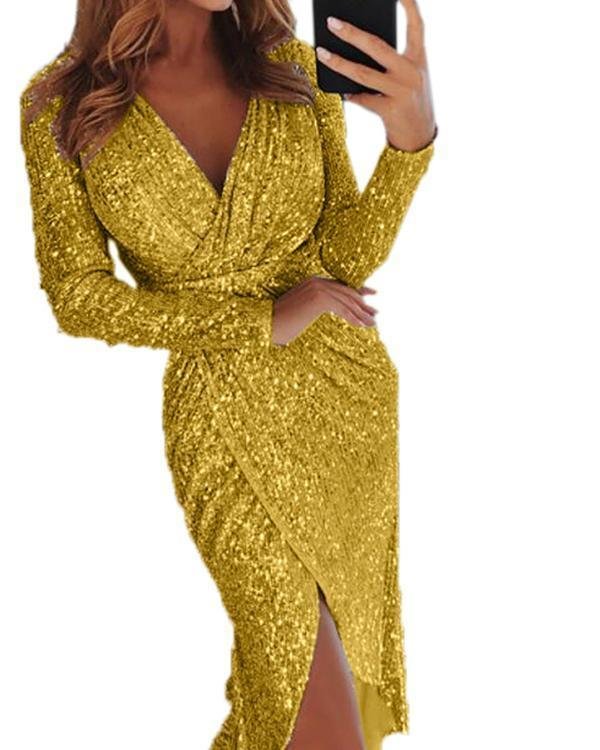 Women Sequined Long Sleeve V-Neck Plus Size Party Dress