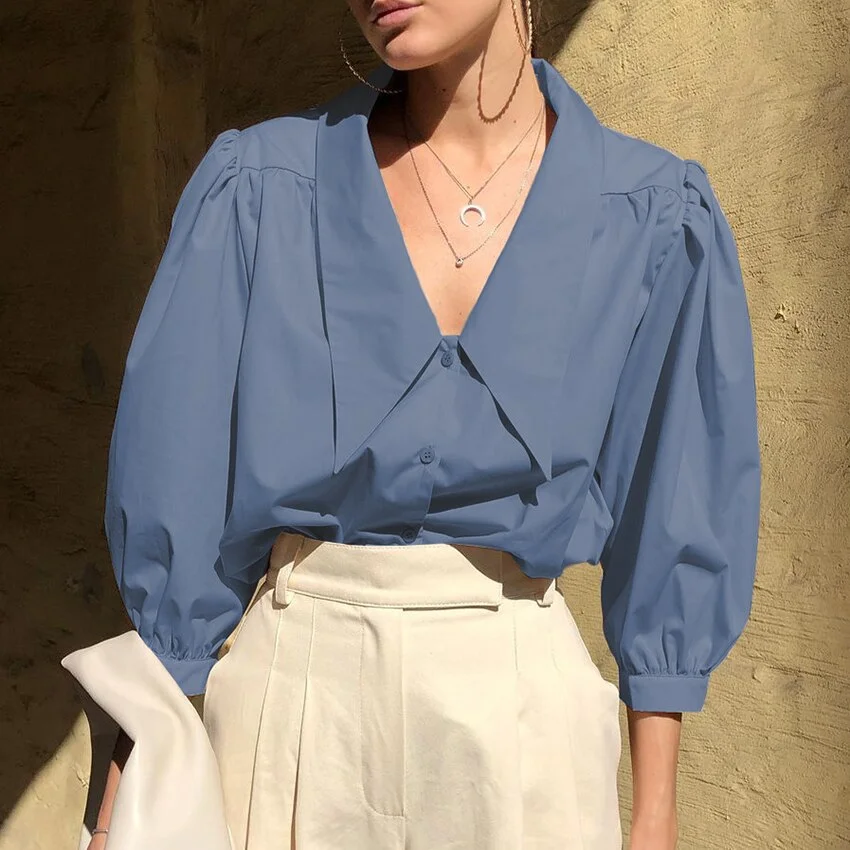 OOTN Elegant Office Work White Blouse Lantern Sleeve Oversize Collar Blue Shirt 2021 Spring Womens Tops And Blouses Streetwear