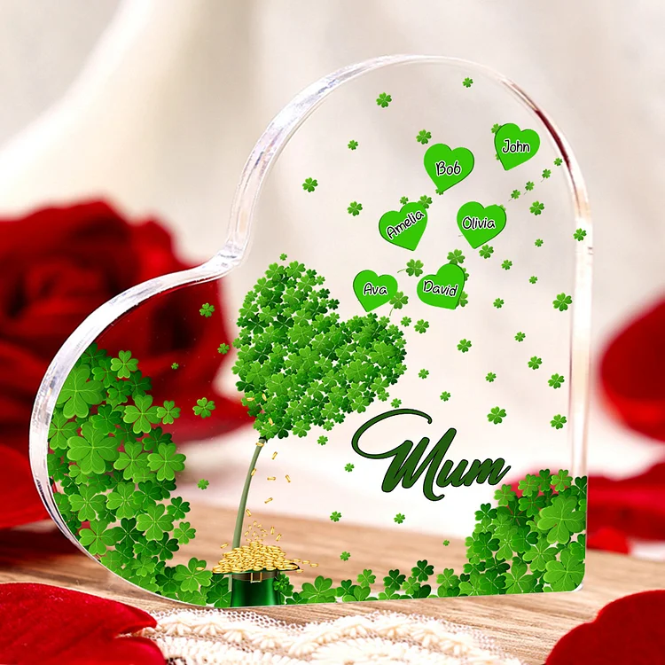 6 Names-Personalized Mum Lucky Clover Acrylic Heart Keepsake Custom Text Acrylic Plaque Ornaments Gifts Set With Gift Box for Nan/Mother-St Patrick's Day