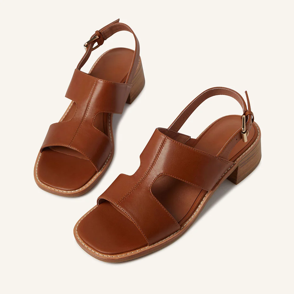 YDN Simple Brown Open Toe Slingback Stacked Heeled Sandals