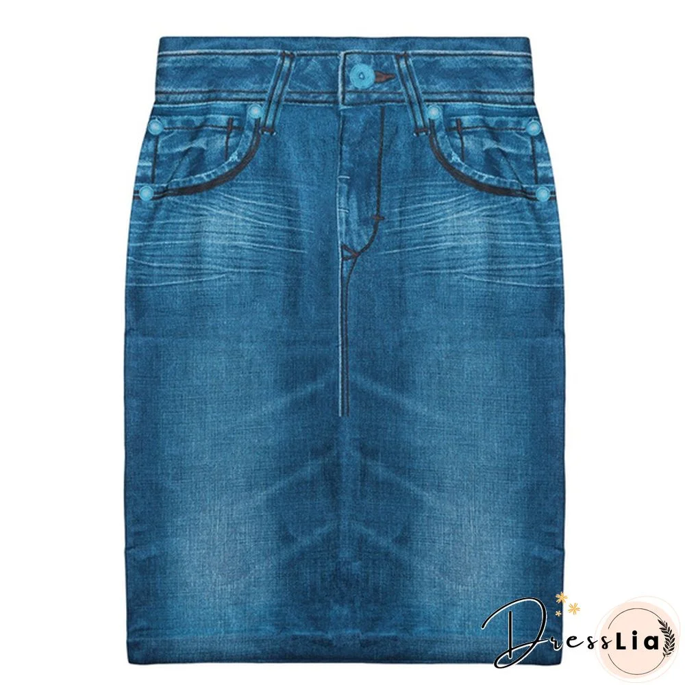 Women Fashion Print Seamless Skirt Faux Denim Jean Skirts Short Slim High Waist Elastic Mini Dress Plus Size