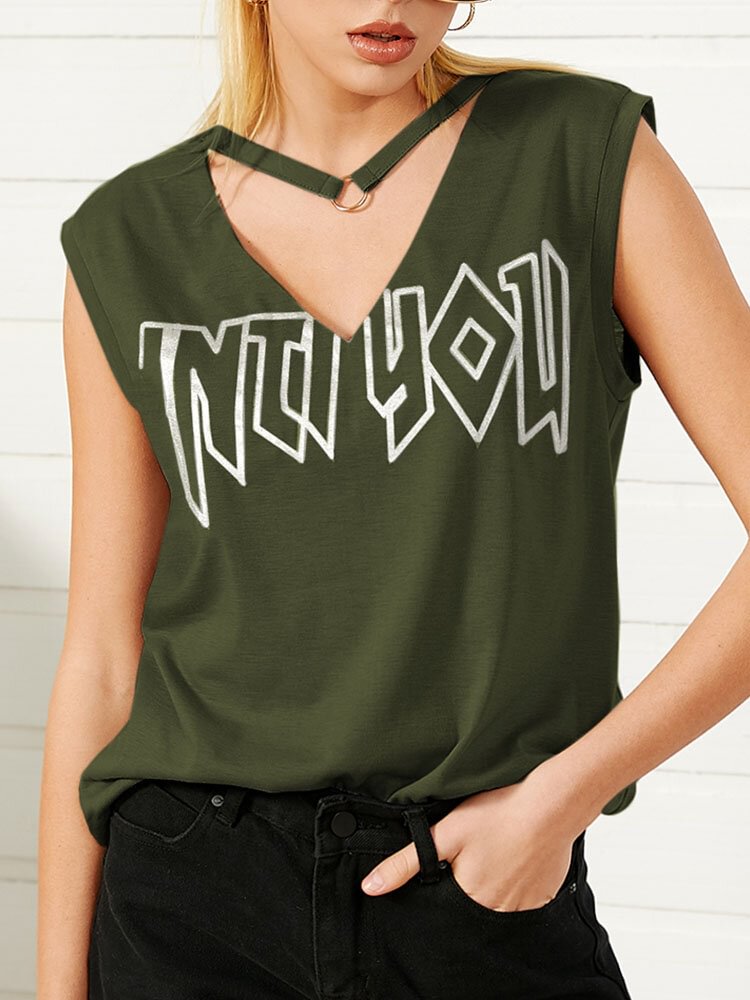 Letters Print Sleeveless Casual Ring Neck Tank Top For Women P1818446