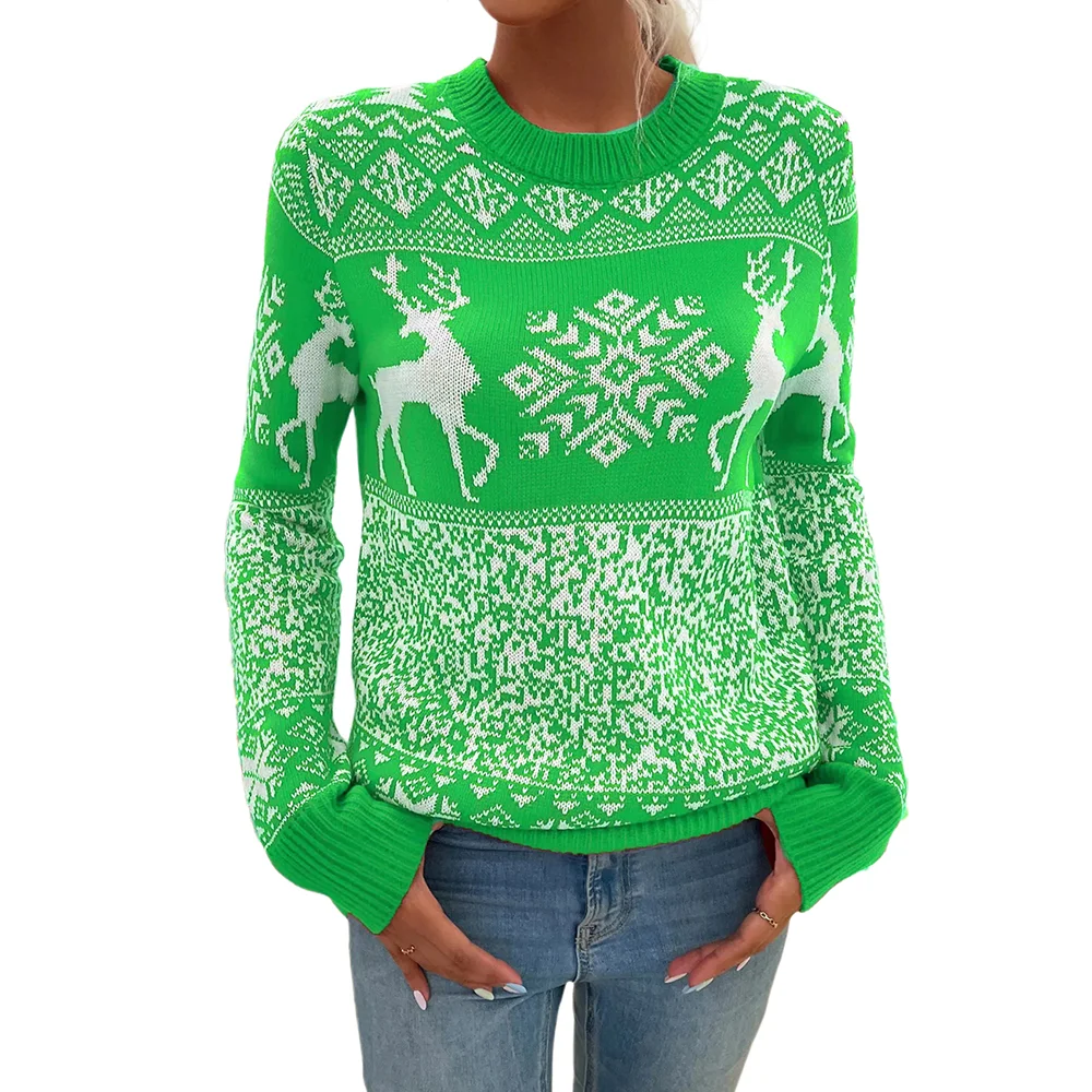 Green Round Collar Christmas Elk Print Sweater