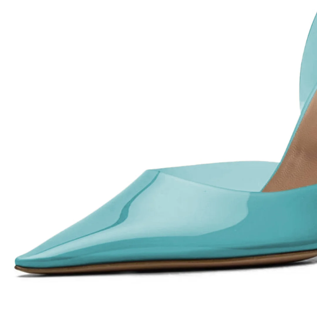 Blue Transparent Pointed Toe Flared Heel Slingback Pumps for Women