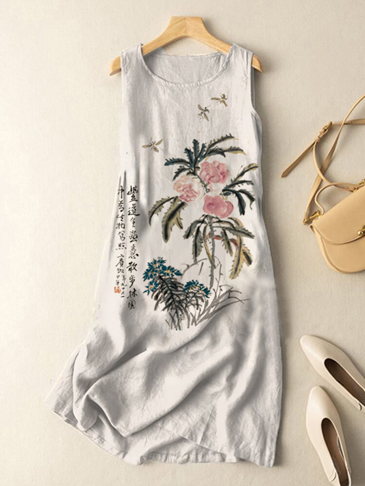 Comstylish Vintage Japanese Ink Flower Butterfly Art Print Sleeveless Cotton And Linen Midi Dress